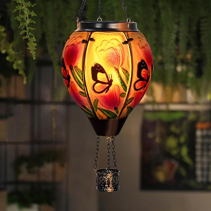 Butterfly Flower Solar Hot Air Balloon Lantern with Flame Glass Balloon Lantern Outdoor Waterproof Lights Hanging Solar Lights for Outside Garden Patio Porch Tree Yard Gift for Mom