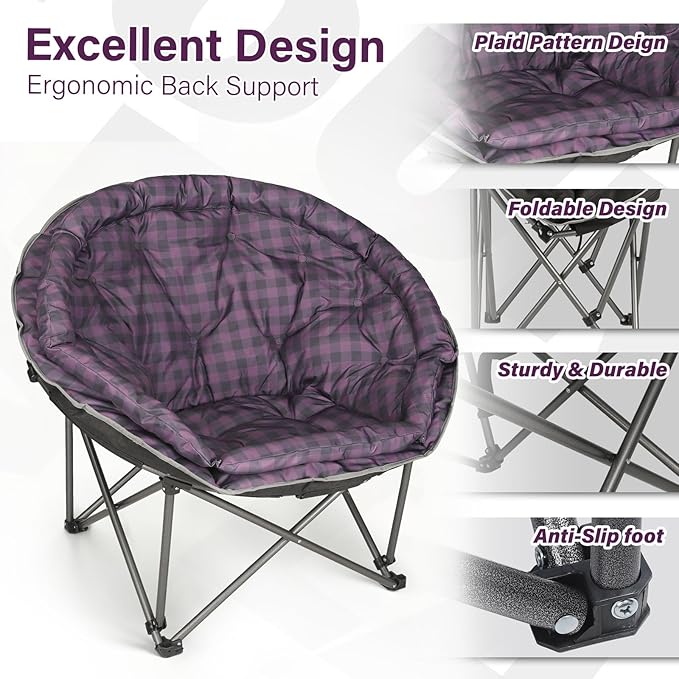 Oversized XXL Folding Round Camping ChairsComfy Padded Moon Camp ChairsHeavy Duty Supports 440 Lbs Outdoor Lawn Chairs for AdultsPerfect for IndoorFamily HikingPicnics and GardenPurple Plaid