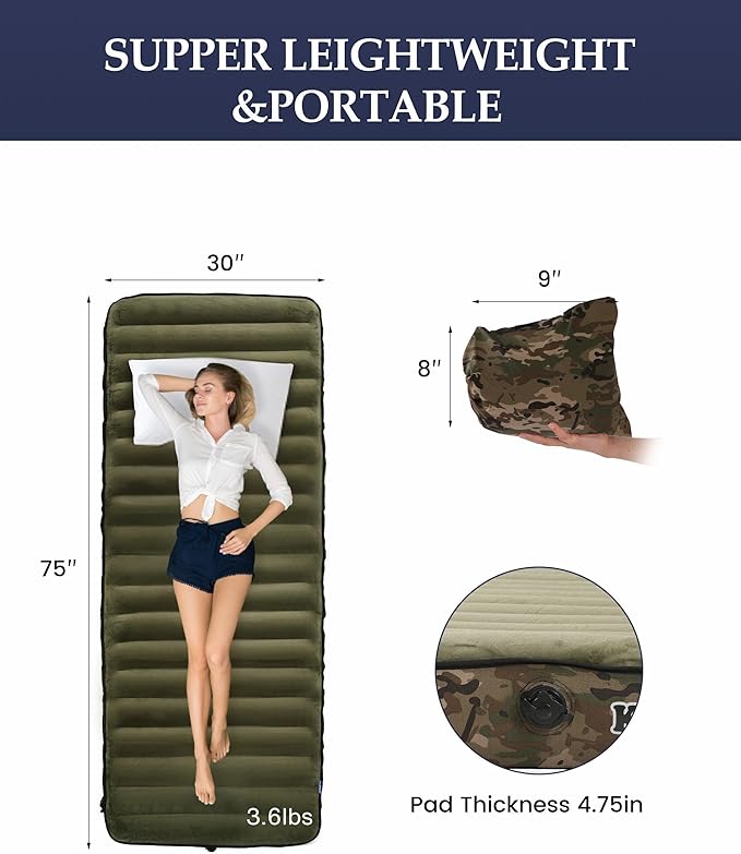 Inflatable Sleeping Pad for Camping Extra-Thick 4.75 Single Air Mattress with Soft Velvet Top Machine Washable Family Lightweight 4-Season Pad for Traveling &amp Hiking Green
