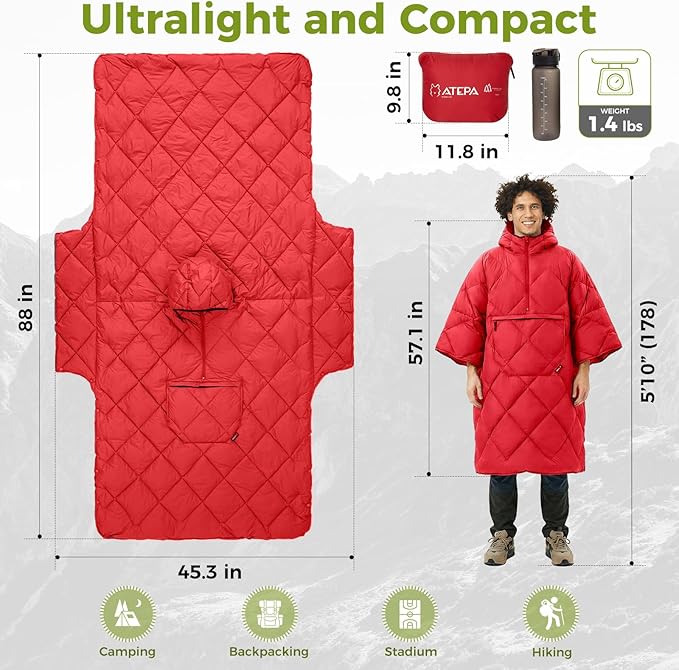 ATEPA Wearable Sleeping Bag Recycled Warm Winter Camping Blanket Wearable Poncho for Outdoor Stadium Sports Women Men