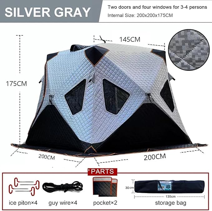 Pop-Up Portable Ice Fishing Tent with Carry Bag Insulated Ice Fishing Shelter with Two Doors &amp Six Windows 3-4 Person