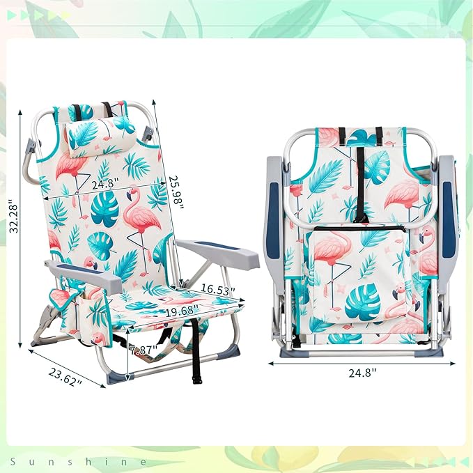 Vasitelan Outdoor Folding Backpack Beach Chair with 5 Positions Towel bar Cooler Pouch Cup HolderFolding Beach Chair with Backpack Straps (Flamingo Short)