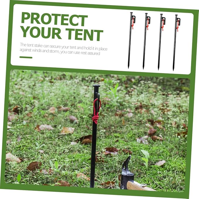 Kisangel 8pcs Heavy Duty Metal Tent Pegs with Rope 30cm Black Ground Stakes Set for Outdoor Camping Tarp Fixing and Windproof Tent Anchors with Storage Bag