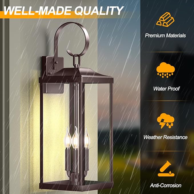 2 Packs 24 Extra Large 3-Light Outside Wall Light Fixture Oil Rubbed Bronze Outdoor Porch Lantern Wall Mounted Waterproof Modern Brown Outside Wall Sconce Coach Lamp for House E12