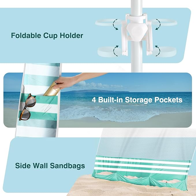 Rhino Valley Beach Cabana 8 * 8FT Beach Tent UPF50+ Protection Easy Setup Beach Canopy Wind Resistant with Cup Holder Compact Beach Shade Foldable Beach Tent Sun Shelter Green White