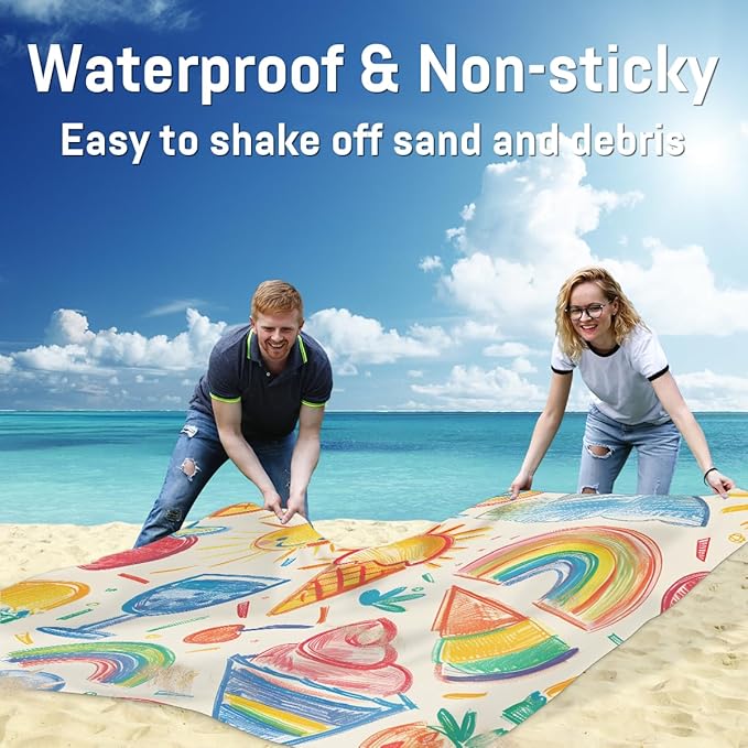 Waterproof Sandproof Beach Blanket 59''×68'' Summer Bash Polyester Outdoor Picnic Blanket with 4 Stakes &amp Storage Bag for BeachCampingVacation Beige