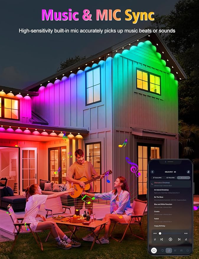 100FT Permanent Outdoor Lights 60 LED Smart RGB&ampIC Outdoor Eave Lights with App/Remote Control 209 Scene Modes IP67 Waterproof Outside Light for House Party Christmas