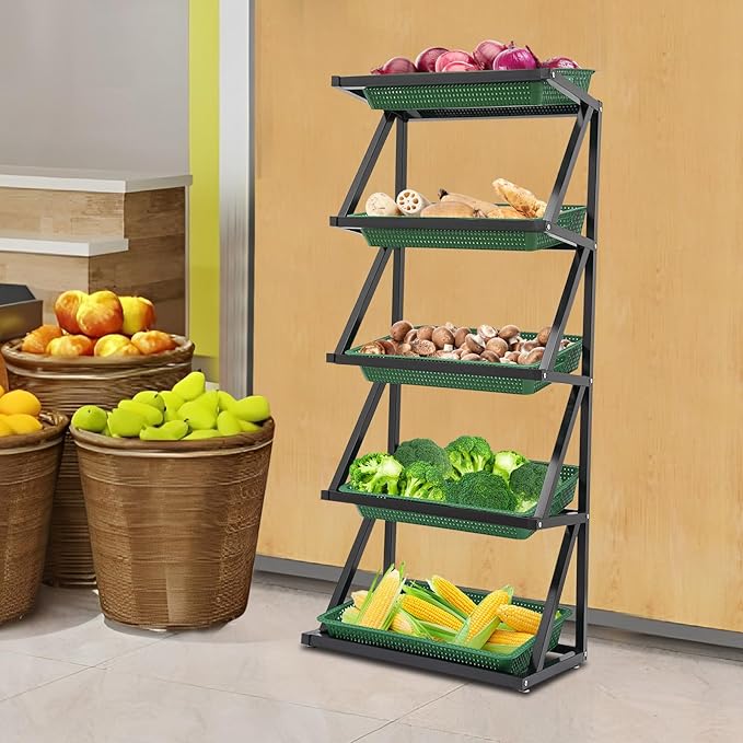 5 Tier Retail Display Rack Market ShelfFruit Vegetable High Capacity Storage Basket StandMarket Retail Display for Kitchen Office Store Supremarket (Black Basket)