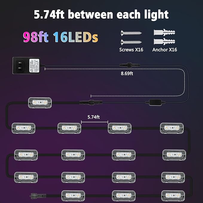 ZAIYW Outdoor Fence Lights 100ft 16 Pack Smart RGB Build in Chip Color Changing Deck Lights with Timer Remote APP Plug in LED String Lights Waterproof for Backyard Garden Patio Decor