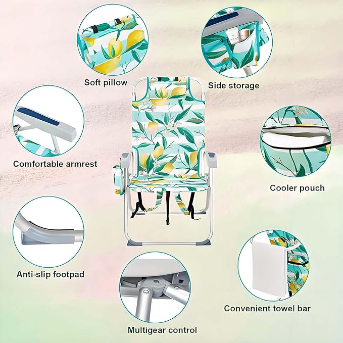 Backpack Beach Chair Adjustable Beach Chairs with 5-Positions Foldable Camping Chair with Headrest Cup Holder Towel bar &amp Armrests Portable Outdoor Chairs for Lawn Concert Garden Picnic