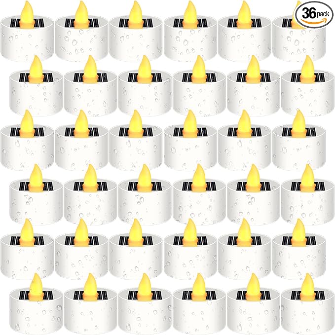 36 Pcs Solar Tea Lights Bulk Outdoor Waterproof Rechargeable Dusk to Dawn Lighting Small Valentine's Day Flameless Flickering LED Votive Candles for Garden Patio Party Lanterns (Amber)