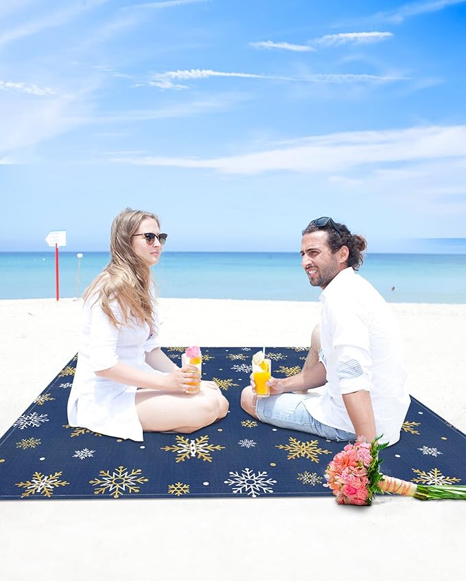 Beach Blanket Waterproof Sandproof OversizedChristmas Golden Winter Snowflake Blue Back Beach Mat with Corner Stakes Sand PocketsWhite Snowflakes Seamless Outdoor Picnic Mat for Travel 95x80In