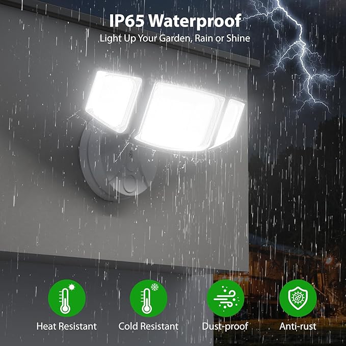iMaihom 65W 6500LM LED Outdoor Flood Light Switch Controlled Outdoor Security Light 3 Adjustable Heads IP65 Waterproof 6500K Daylight White Hardwired Wall Mount Light for Garage Yard Patio White