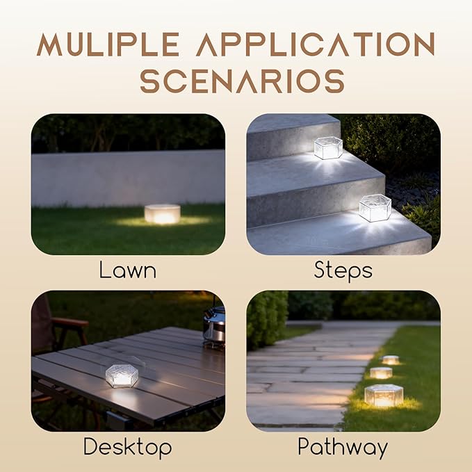 Wokyo 4 Pack Solar Brick Lights 3.8x3.8 inch Solar Ice Cube Lights with 8 LED Paver Ground Lights for Garden Lawn Yard Pathway Driveway Walkway Decor (Honeycomb-Warm White)