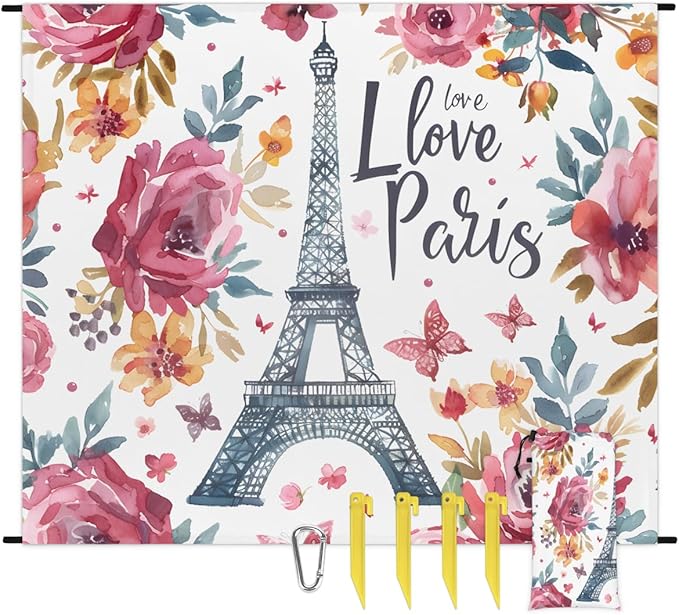 Waterproof Sandproof Beach Blanket 59''×68'' Paris Polyester Outdoor Picnic Blanket with 4 Stakes &amp Storage Bag for BeachCampingVacation White &amp Red