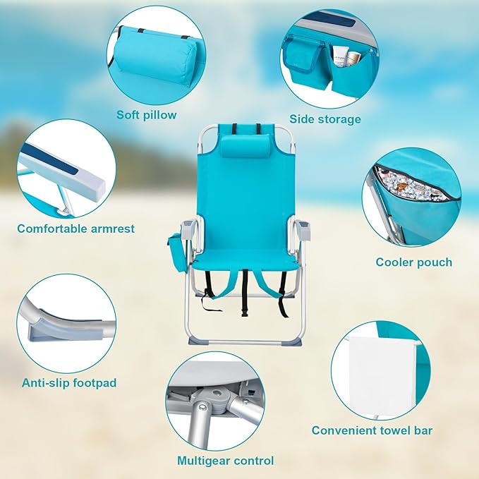 Backpack Beach Chairs Low 5 Position Beach Chair with Pouch Straps Folding Lightweight Reclining Aluminum Lay Flat Single (Mint Green High)