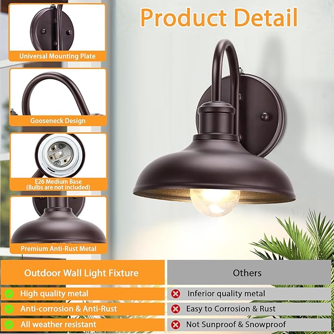 2-Pack Dusk to Dawn Gooseneck Outdoor Light Fixtures Farmhouse Barn Lights for Porch Industrial Brown Exterior Wall Sconce for Garage Patio E26 Base Anti-Rust for Garage Frontdoor Entryway Doorway
