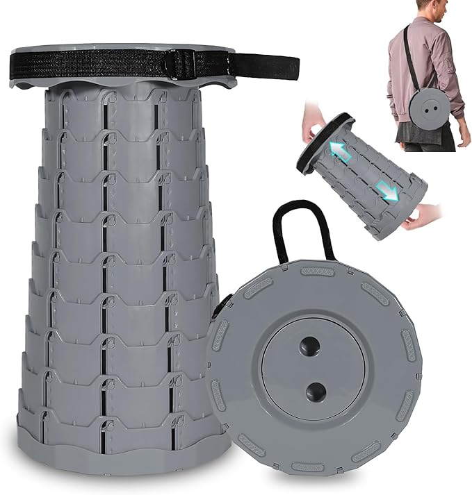Upgraded Collapsible Stool 450LBS - Adjustable Height (2.5-18) Portable Telescoping Seat for Camping Hiking Indoor Office (Light Gray)