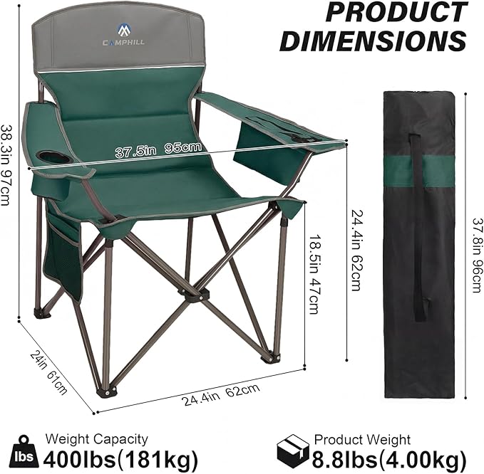 CAMPHILL Oversized Camping Chairs 2 Pack - Heavy Duty 400LBS Padded Lawn Chair with Cooler BagCup HolderSide PocketCollapsible for OutdoorCampFishing &amp GardenDark Green