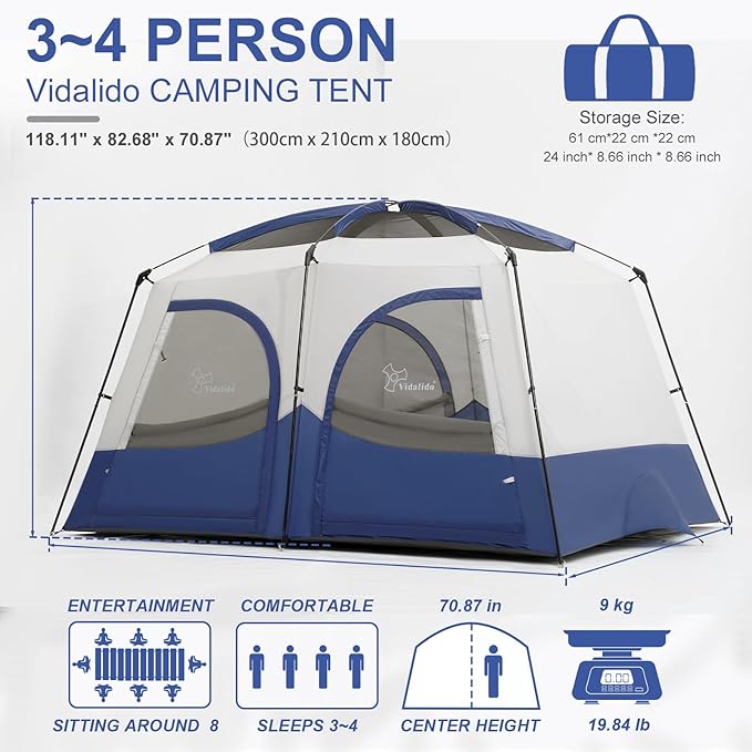 Vidalido Tents3-4 Person Camping Tent with Extended VestibuleWeather Resistant Family Tents with Breathable Mesh WindowsEasy Install Waterproof Outdoor Tent for Backpacking and Camping Hiking