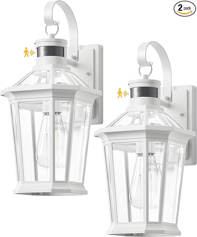 VIANIS Motion Sensor Exterior Light Fixture Dusk to Dawn Outdoor Wall Lighting 2 Pcs White Modern Front Porch Light for House 100% Anti-Rust Aluminum Outside Wall Sconce for Garage Entryway