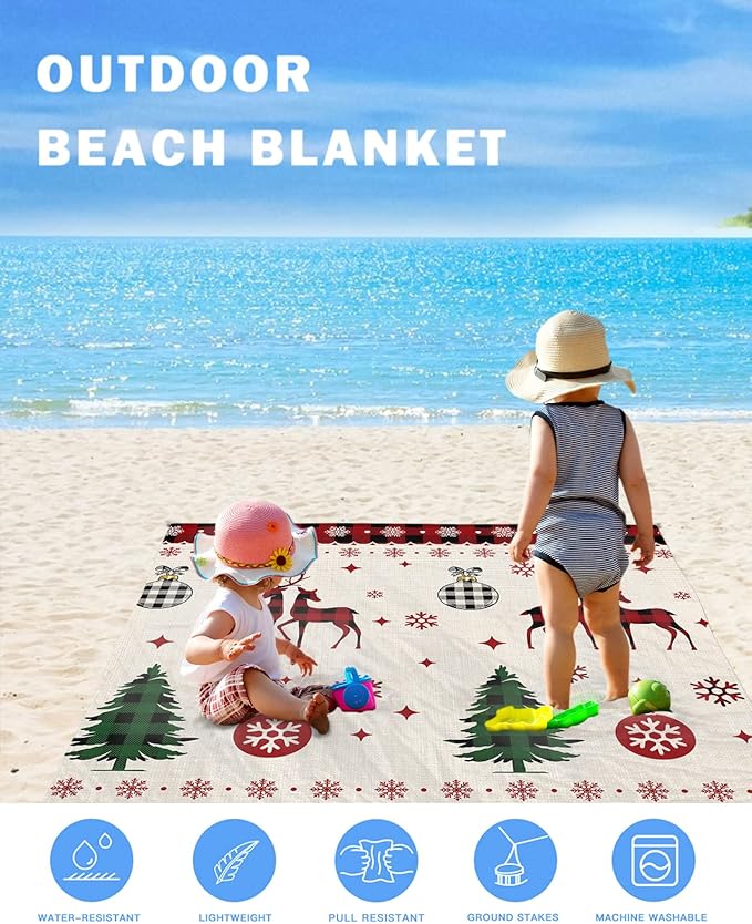 Beach Blanket Waterproof Sandproof Christmas Elk Snowflake Red Buffalo Plaid Quick Drying Beach Mat with 4 Stakes Xmas Tree Light Bulbs Retro Linen Lightweight Picnic Blanket for Travel 108x84