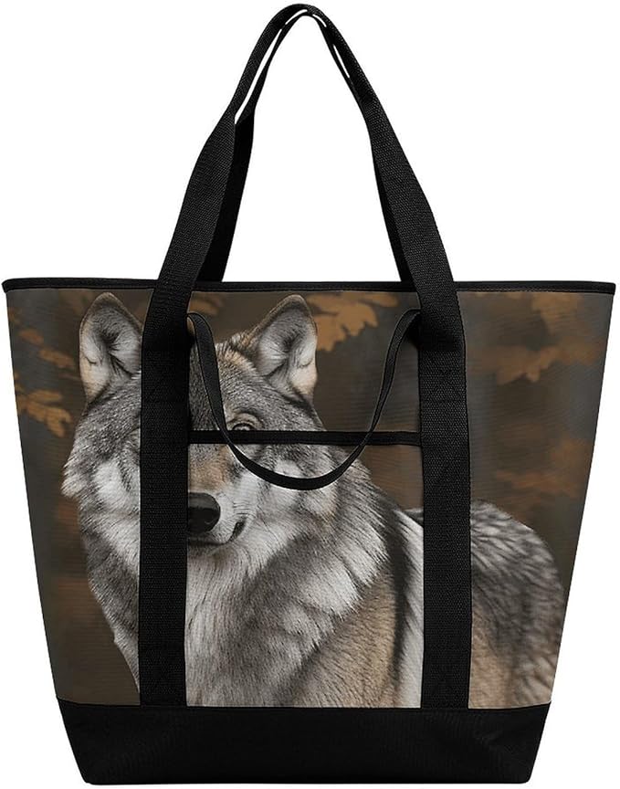 Insulated Shopping BagLarge Reusable Cooler Bags Wild Wild Gray Wolf Printed Foldable Shopping BagTravel Waterproof Shoulder Bag