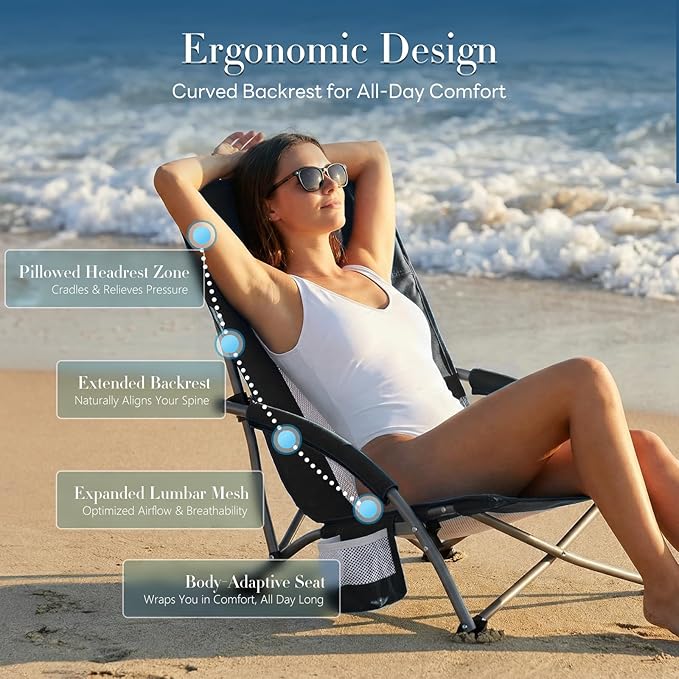 DUMOS Low Beach Chair for Adults Lightweight Folding Beach Chair with Cup Holder Storage Bag Breeze Mesh Back Padded Armrests Compact Low Profile Chair for Camp Picnic Lawn Sand