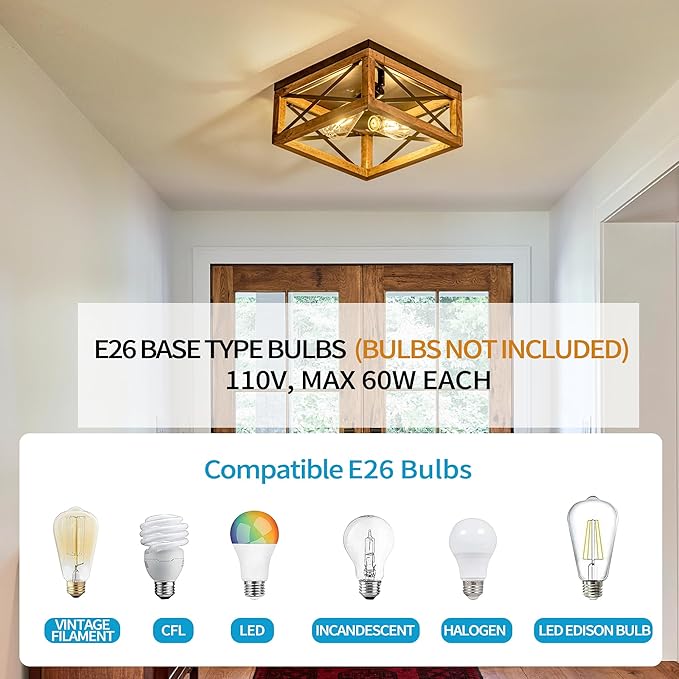 Flush Mount Ceiling Light Fixture for Kitchen Hallway 2-Light Close to Ceiling Light with Black Metal and Wood Design Rustic Farmhouse Ceiling (Bulb not Included)