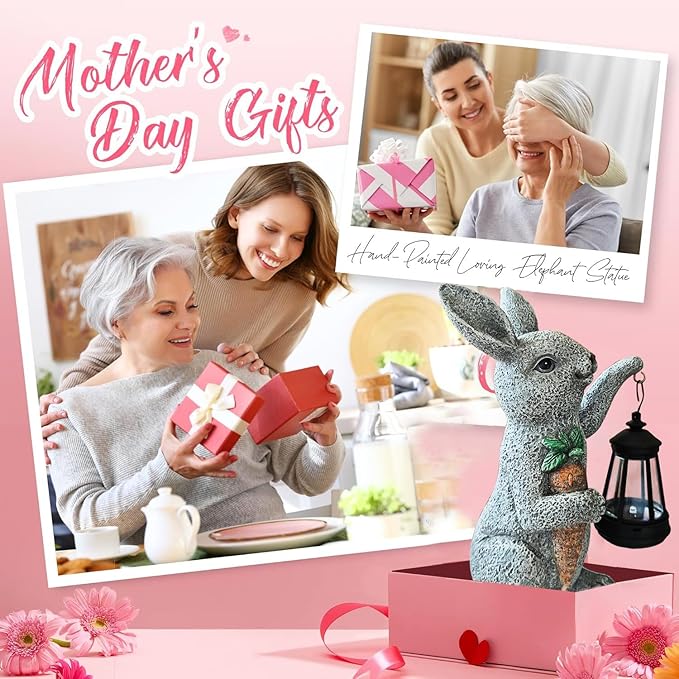 Garden Statues Rabbit Solar Lantern Outdoor Handmade Resin Statue Bunny with Cute Carrot for Patio YardMother's Day Gift Ideas (rabbit1)