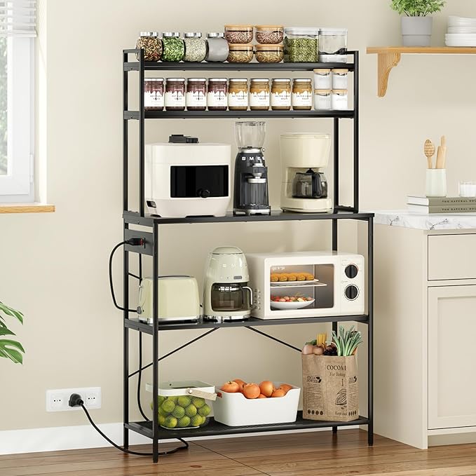 Large 5 Tier Bakers Rack with Electrical Outlets 39 Inch Microwave Stand Coffee Bar Kitchen Storage Shelf for Home Counter Space Organizer