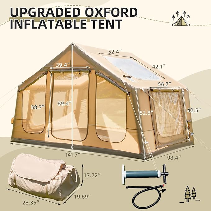 YOLENY 2-4 Person Inflatable Tents for Camping Quick Setup in 2 Minutes with Hand Pump 4-Season Waterproof Windproof Oxford Blow Up Tent