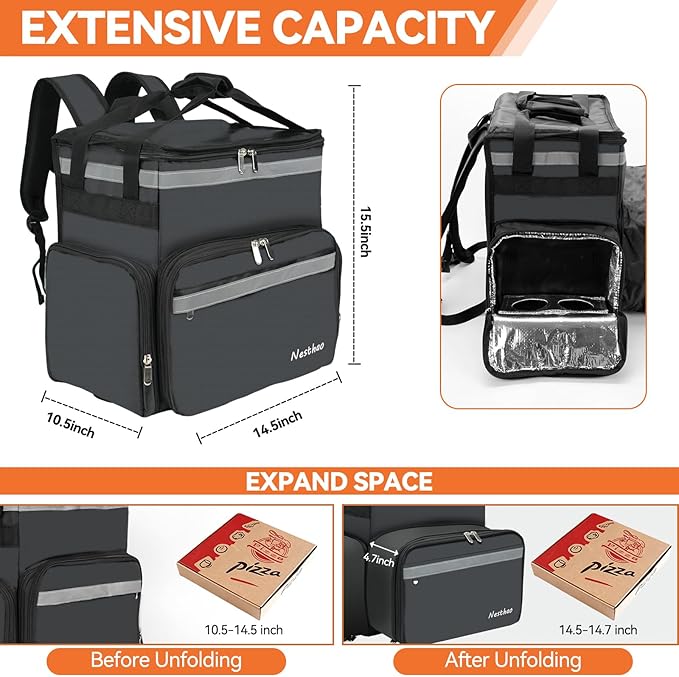 Food Delivery Backpack with 4 Expandable Cup HoldersInsulated Food Delivery Bags for Takeout Bike Expandable Large Pizza Takeout Bag for Hot/Cold Fits for Uber EatCamping (500D tarpaulin)