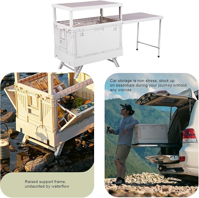 Folding Camping Storage Box with Table Board Multi Functional Collapsible Camp Kitchen Box Suitable for Outdoor Picnic Storage (White)