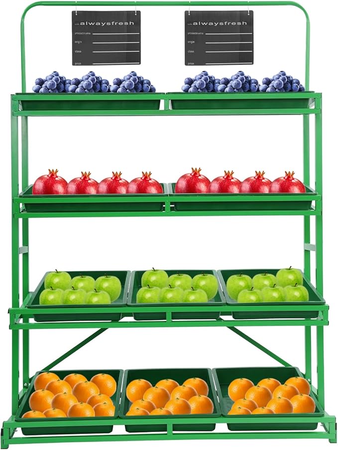 4 Tier Supermarket Fruit Vegetable Storage Rack Retail Display Rack Market Shelf with 10 Slanted Baskets &amp 2 Product Labels Floor Standing Metal Fruit Vegetable Snacks Display Shelf Organizer