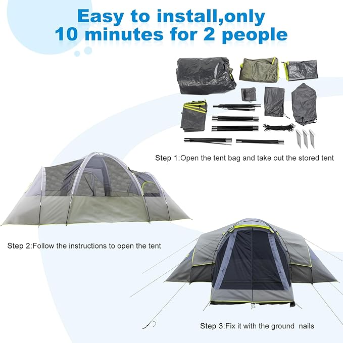 Outvita 8/10 Person Camping Tent Large 2 Room Family Tent with Weatherproof Instant Cabin Shelter with Rainfly &amp Carry Bag for Backpacking Hiking Car Traveling…