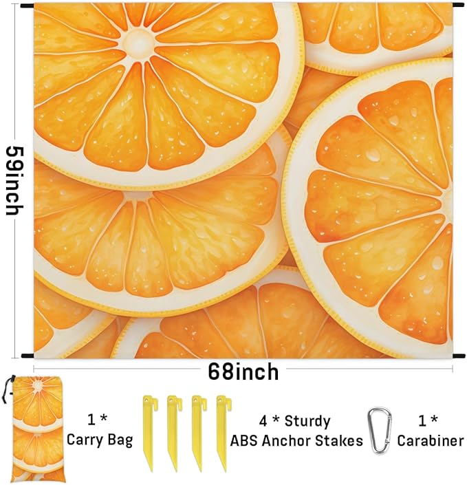 Waterproof Sandproof Beach Blanket 59''×68'' Fruit Polyester Outdoor Picnic Blanket with 4 Stakes &amp Storage Bag for BeachCampingVacation Lemon