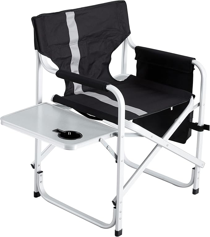 1 Pcs Padded Folding Outdoor Chair with Side Table and Storage PocketsLightweight Oversized Directors Chair for Indoor Outdoor Camping Picnics and FishingBlackGrey