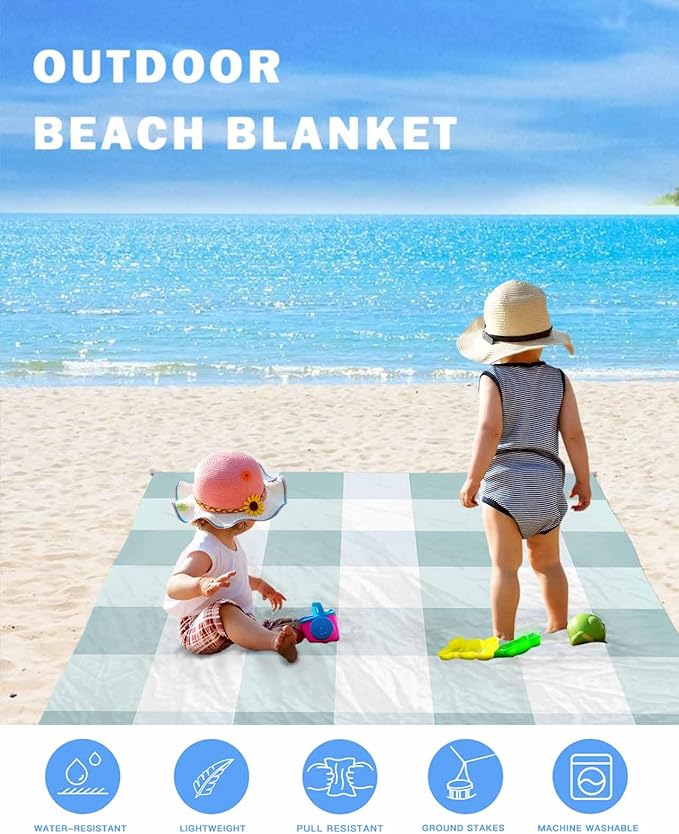 Beach Blanket Waterproof Sandproof Picnic Blanket 108x84 Foldable Beach Mat with Spring Plaid Blue Simple Pattern for Camping Park Grass Beach Travel