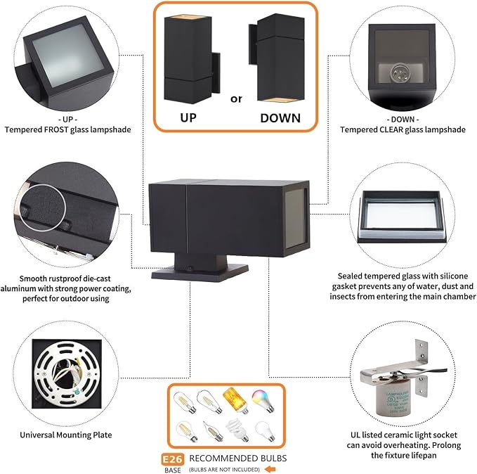 Outdoor Wall Light Exterior Lighting - ETL Listed Aluminum Anti-Rust Waterproof Wall Mount Rectangular Design – 1-Direction Up or Down Wall Sconce Light Fixture for Porch Garage or Patio