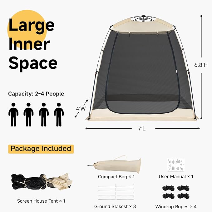 EighteenTek Screen House Gazebo 2-4-6 Person Pop Up Screen Tent Instant Screen Room with Carry Bag Outdoor Mosquito Tent Pop-Up Sun Shade Shelter for Patio Garden Backyard Deck