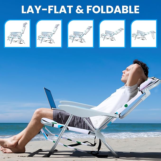 2 Pack Lightweight Portable Camping Beach Chair for Adults Lay Flat Folding Beach Chairs with 5 Positions Backpack Beach Chair with Towel Bar Zipper Pouch Cup Holder Geometric Circle