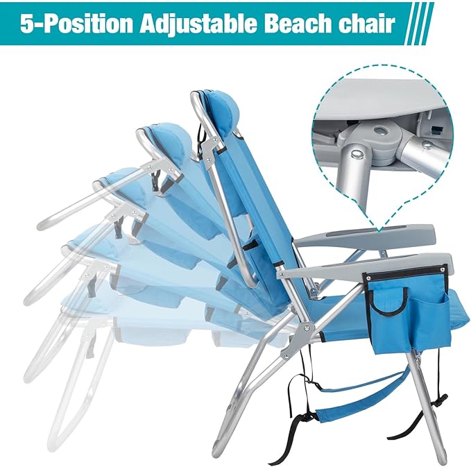 Tall Folding Backpack Beach Chair with Towel Bar5 Adjustable PositionsTowel bar Cooler and Storage Pouch Cup Holder and Phone HolderCamping Chairs for AdultsAluminumSupports 220 lbs Blue
