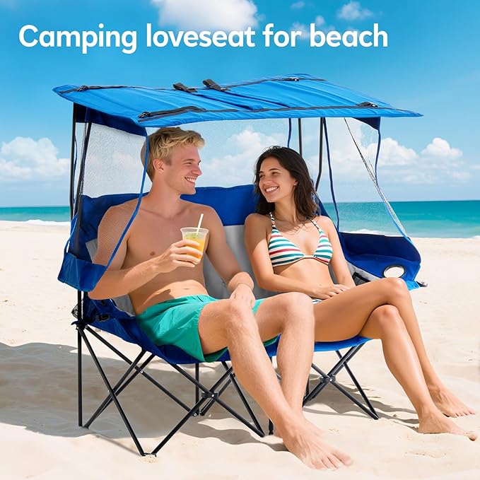 Outdoor Folding Chair with Umbrella Camping Chairs Loveseat Double Oversized Outdoor Chair with Cup Holder&ampCanopy Shade for BBQ Beach Fishing Easy Fold and Carry (Blue+Grey)