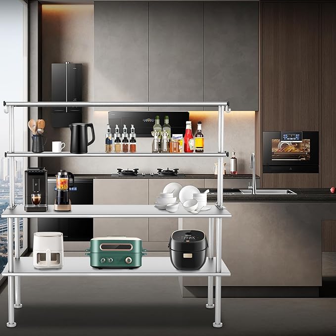 Double Overshelf of Stainless Steel 12'' x 72'' Weight Capacity 480lb Adjustable Commercial 2 Tier Shelf for 72 Prep &amp Work Table in Restaurant Home and Kitchen and Workshop