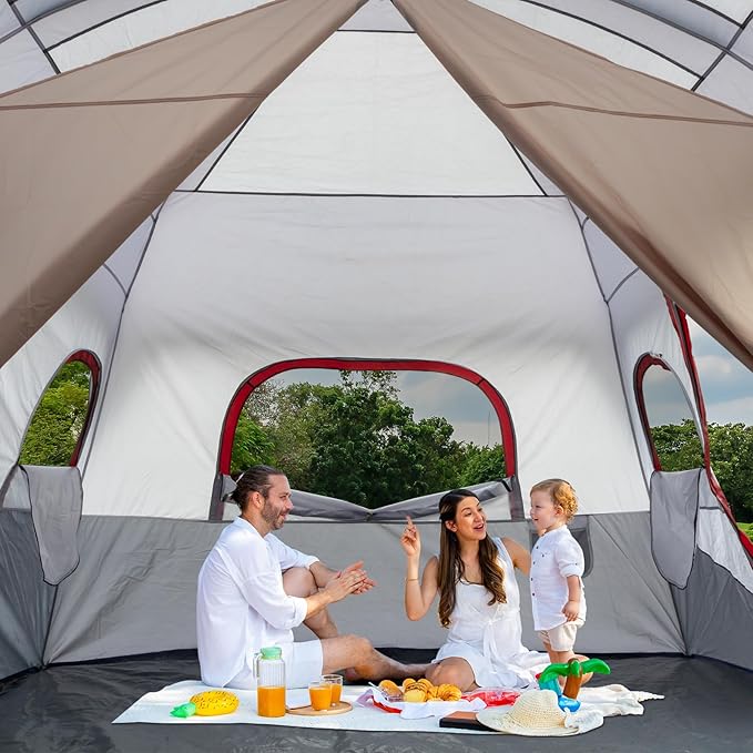 10-Person Family Cabin Tent 2-Room 405×305×200cm Waterproof 190T PU Oxford Fabric Tent with Adjustable Ventilation for Camping Hiking (Red &amp Gray &amp White)