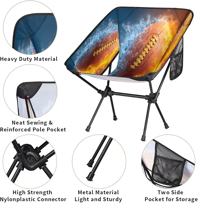 Ice Fire Collision Rugby Camping Chair Folding Backpacking Chair Portable Lightweight Outdoor Chairs with Side Pockets for Hiking Beach Picnic
