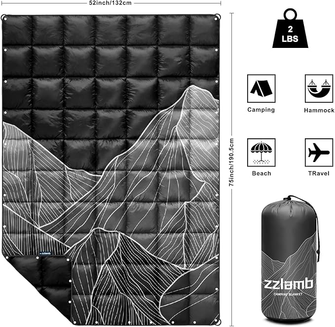zzlamb Camping Blanket for Cold WeatherOutdoor Puffy Blanket Portable Down AlternativeWindproof Warm Cloak with SnapsCozy Quilt Backpacking Picnic RV Travel Plane Car Hammock Beach Climbing