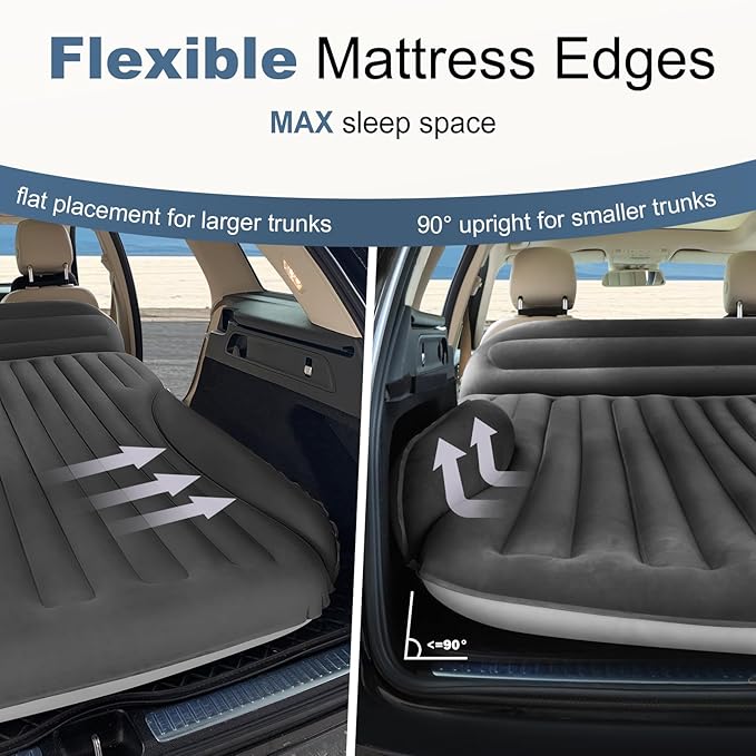 SUV Air Mattress Double-Sided Thick Flocked Car Air Mattress with Built-in Pump &amp Pillow Complete Sleeping Accessories for Auto Camping &amp Road Trips（Dark Coffee）