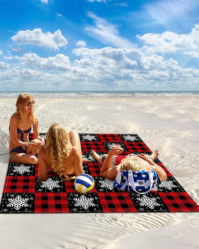Beach Blanket Waterproof Sandproof Winter Christmas White Snowflakes Quick Drying Beach Mat with 4 Stakes Rustic Retro Black Red Lattice Plaid Lightweight Picnic Blanket for Travel 118x108